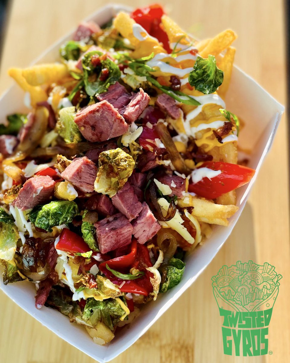 “Twisted Irish ☘️ Fries” - our signature fries topped with corned beef, shredded Irish Dubliner cheddar, caramelized onions, crispy bacon, fried brussels sprout leaves, queso, mama lil’s peppers and garlic sauce. TWISTEDGYROSONLINE.COM 
See you there! ✌️💙🥙