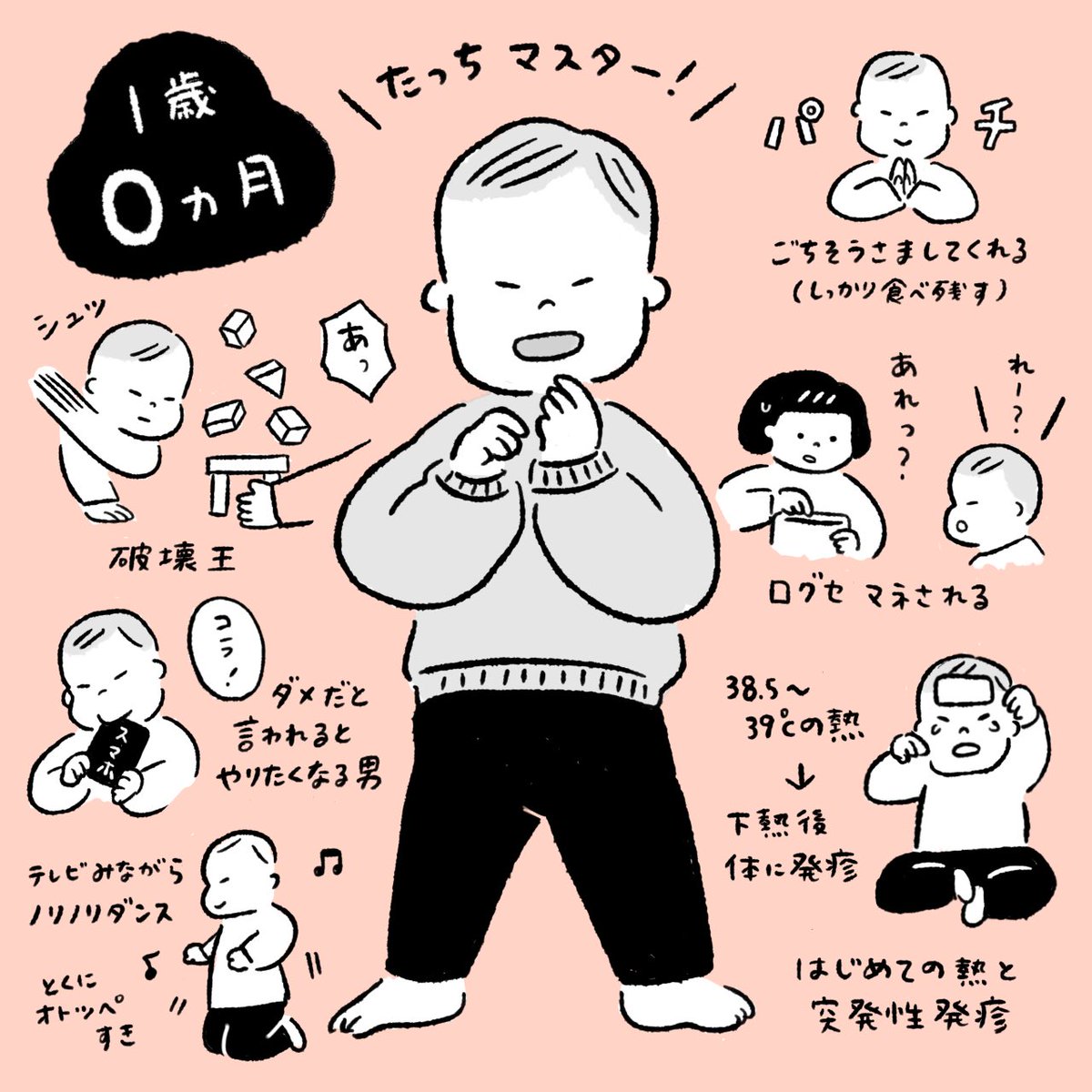 1歳0ヶ月の記録✍🏻  #育児絵日記 