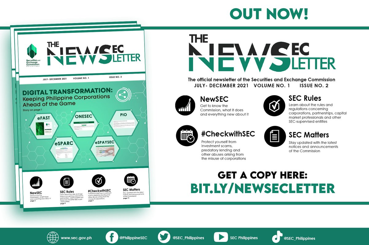 SEC_Philippines's tweet photo. Get to know the most important news and updates from the SEC during the second half of 2021 in the second issue of The NewSECletter, the official newsletter of the Commission.
Grab your copy here: https://t.co/5sThIrjOOk
#ItsEasyatSEC
#CheckWithSEC
#MagingInvestorChampion https://t.co/cDMLjMPfz0