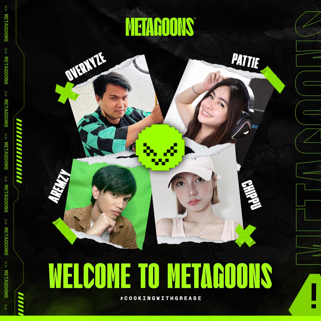 MetaGoons's tweet photo. Let’s give a goon welcome to @Aremzyyy, @chippu98, Overxyze &amp; Pattie! These @AxieInfinity streamers are the foundation of our 🇵🇭 PH content team, who’ll proudly be reppin’ that black and green 🖤💚 

We told ya’ll, the goons aren’t playin 🧪👑

#CookingWithGrease #ForTheCulture https://t.co/z4ec5Jf6R3