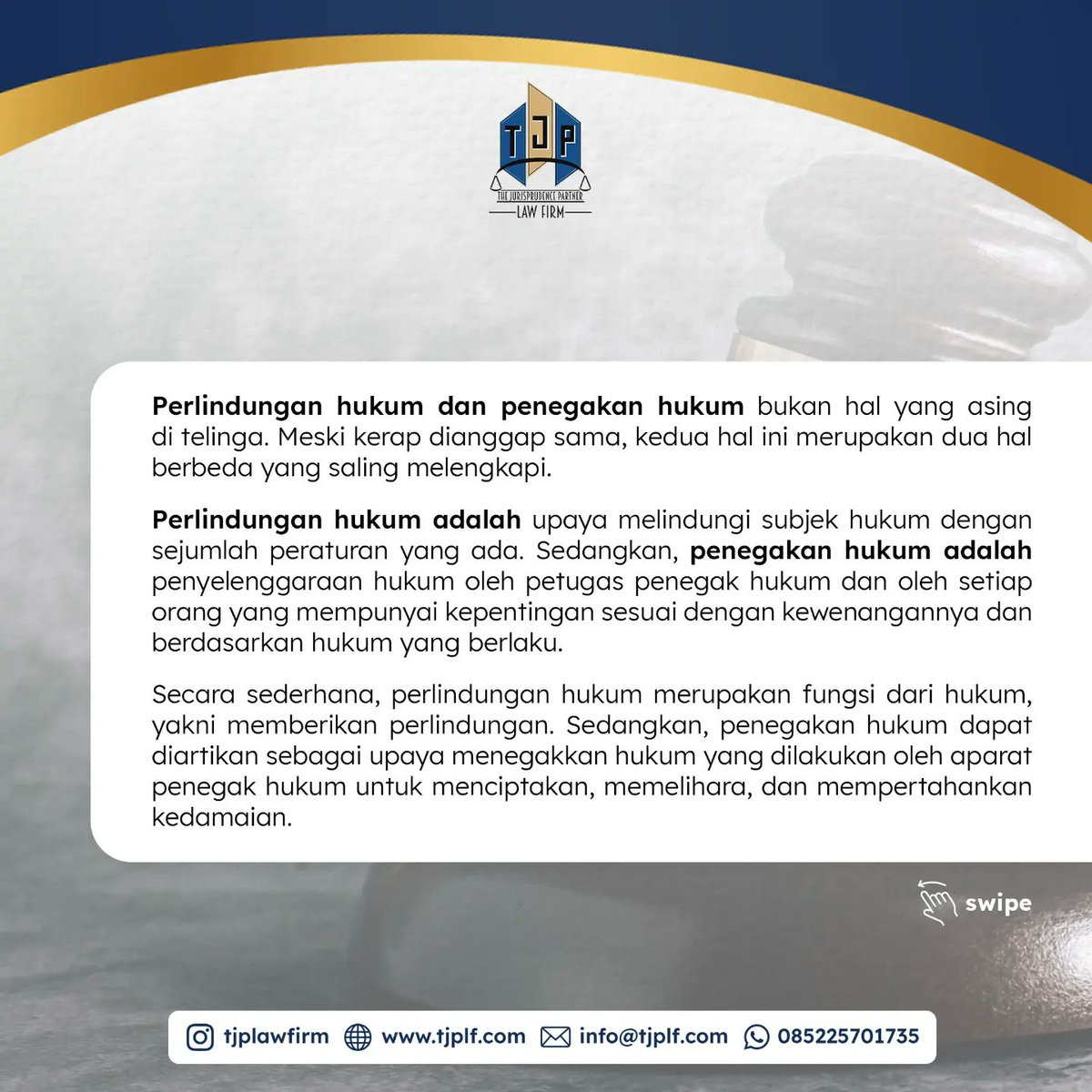 TJPLawFirm's tweet photo. Perlindungan hukum dan penegakan hukum bukan hal yang asing di telinga. Meski kerap dianggap sama, kedua hal ini merupakan dua hal berbeda yang saling melengkapi. Simak pembahasan berikut.

#advokat #lawyer #pengacara https://t.co/88SMCYgaHt