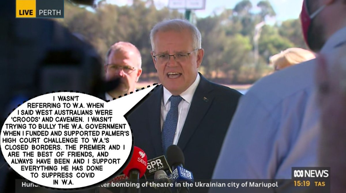 THE_Russell's tweet photo. YOU. CAN'T. MAKE. THIS. SHIT. UP!
Morrison schmoozes Western Australians with his 'smooth' lies.
In Morrison's twisted mind, he has always been Premier McGowan's best friend and most vocal supporter.
#auspol #PutTheLiberalsLast #LiarFromTheShire #LoomingElection https://t.co/ApAoJTpZ5V
