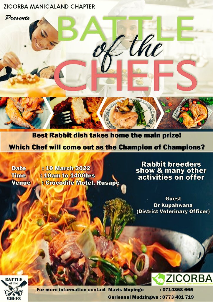 RabbitZimbabwe's tweet photo. Crocodile Motel 🐊 in Rusape is the place to be this Saturday, as our Manicaland Chapter hosts the inaugural "Battle of the Chefs" rabbit meat🐇 concept. Come and learn more about Zimbabwe's fastest growing small livestock sector.

#zicorba #rabbitfarming #letsmakezicorbagreat https://t.co/tMtrgyZXUw