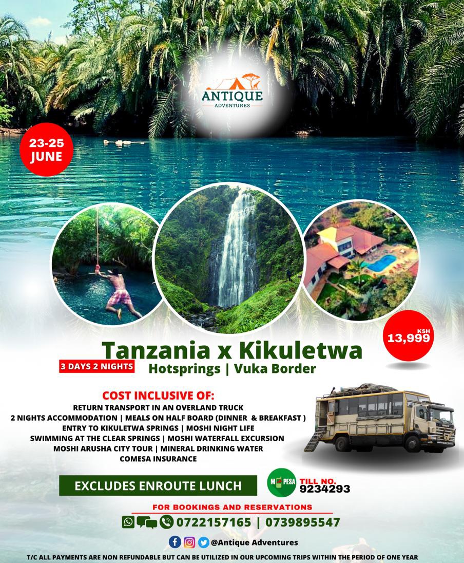 Antiqueadventur's tweet photo. TANZANIA x KIKULETWA HOT SPRINGS SAFARI
#COST_INCLUDES
👉🏼 2 Nights Accommodation in Moshi
👉🏼 3 days VIP Overland transport
👉🏼 Meals on half board basis
👉🏼 Visit Marungu water falls 
👉🏼 Visit kikuletwa hot springs
👉🏼 Road usage fee
👉🏼 Meals on half Board basis (Breakfast &amp; Dinner https://t.co/Y97R9zyuxZ