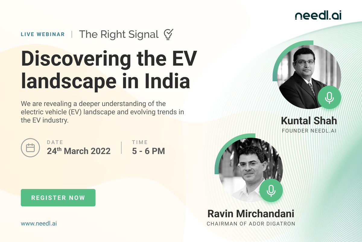 NeedlAi's tweet photo. ๐กhttps://t.co/RLNCUSM4N7 is excited to announce the launch of its knowledge series, #TheRightSignal!
Join @Kuntalhshah, founder @NeedlAi in conversation with @Rav5152, an expert in the EV mobility sector & the CEO @AdorDigatron Thur, Mar 24th 5 PM IST.
โจhttps://t.co/GtKEME7DNa https://t.co/RiBzeJcyA7
