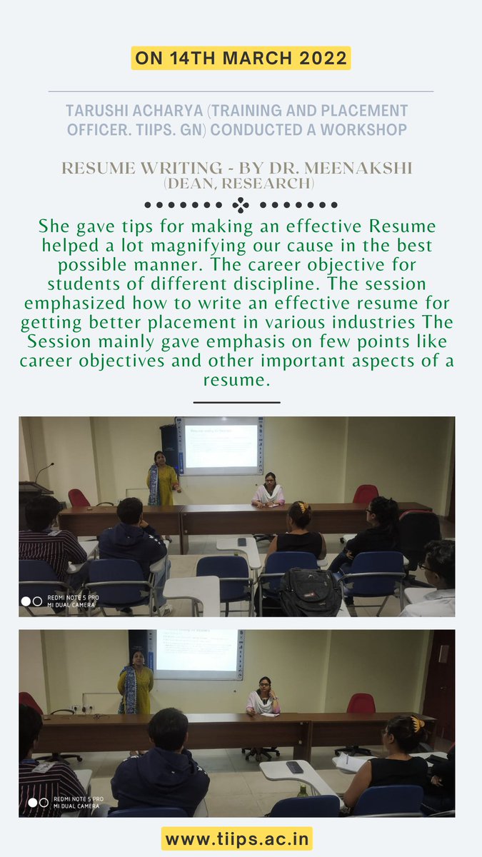 TIIPS2's tweet photo. On 14th March 2022, Tarushi Acharya (Training and Placement Officer. TIIPS. Gn) conducted a workshop on " Resume Writing " by Dr. Meenakshi (Dean, Research). 
#businesstraining #workshop #workshop2022 #resumewriting #tiips #ballb #bba #bca #bajmc #bjmc
https://t.co/pfNFP1aCgj https://t.co/Xq5apeH46z