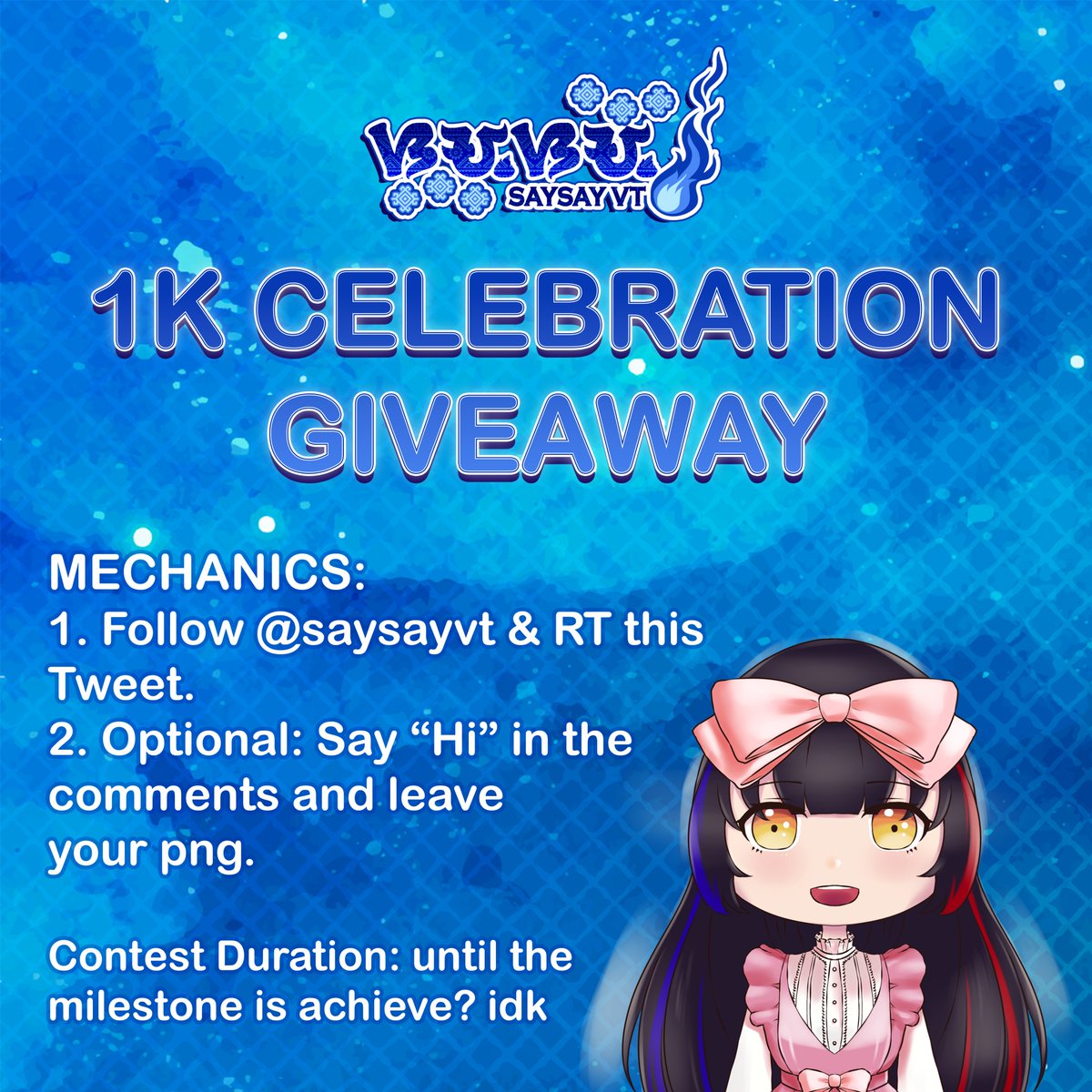 saysayvt's tweet image. ✨ 1K Milestone Giveaway ✨
As promised, I will be having a mini giveaway here.
I hope people will join, but a lot of thanks for those who will participate in this event.

Mechanics: Follow and RT
Good luck! 💙

#PHVtuber #ENVtubers #Vtubers #VtuberAssets #VtuberEN #ENVtuber #art