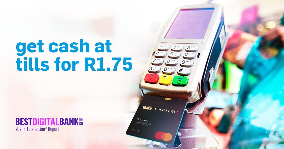 CapitecBankSA's tweet photo. Need cash? Just draw it at the supermarket till when you get your groceries. It’s safe and convenient, and it only costs R1.75. #SimplifyBanking https://t.co/1wYPOSV2kL