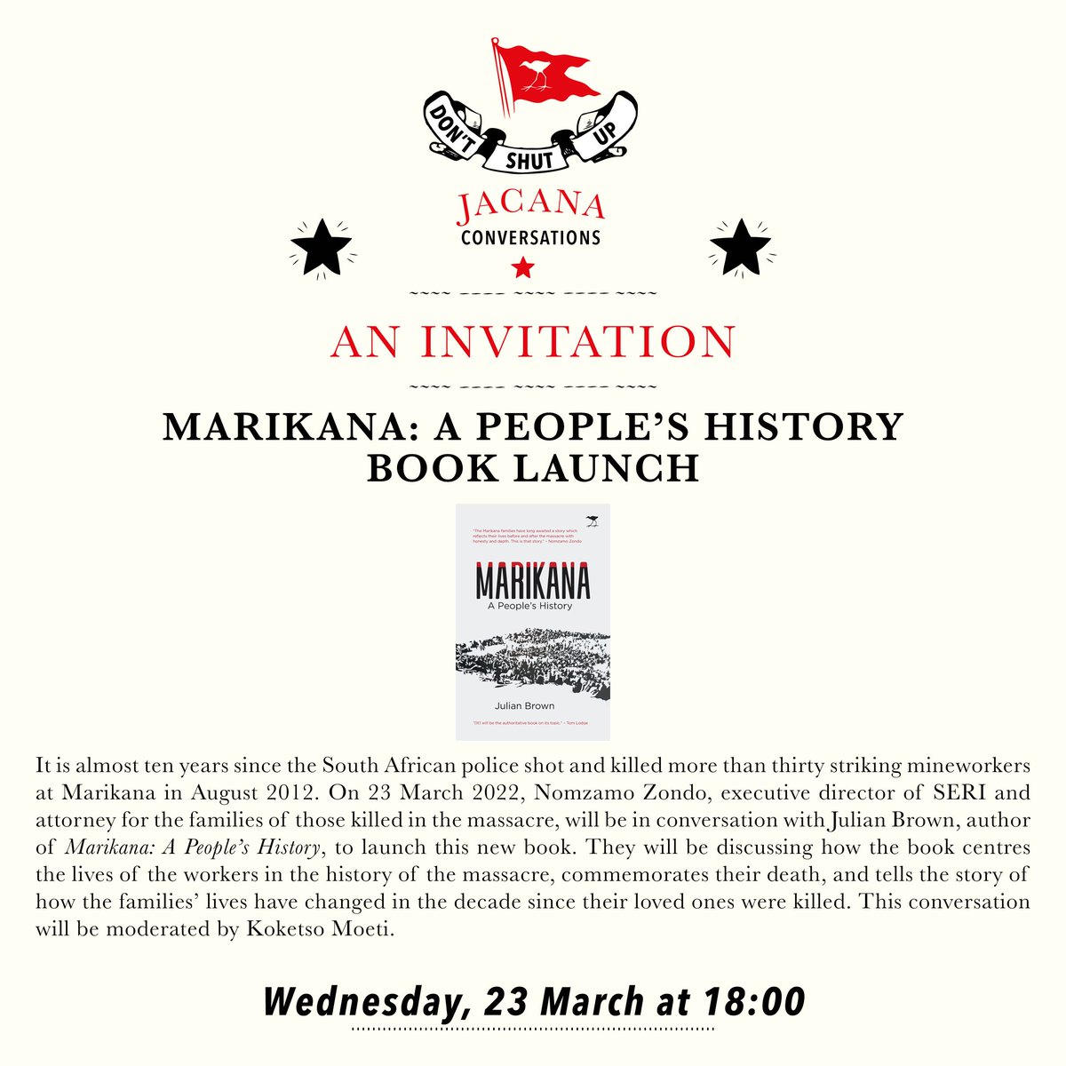 JacanaMedia's tweet photo. 🚨Marikana: A People's History Book Launch🚨

Register here: https://t.co/0QBmJgnPQP

Pre-order your copy of Marikana: A People’s History here: https://t.co/VPh5fO3ner https://t.co/gQ0UMkqVlE