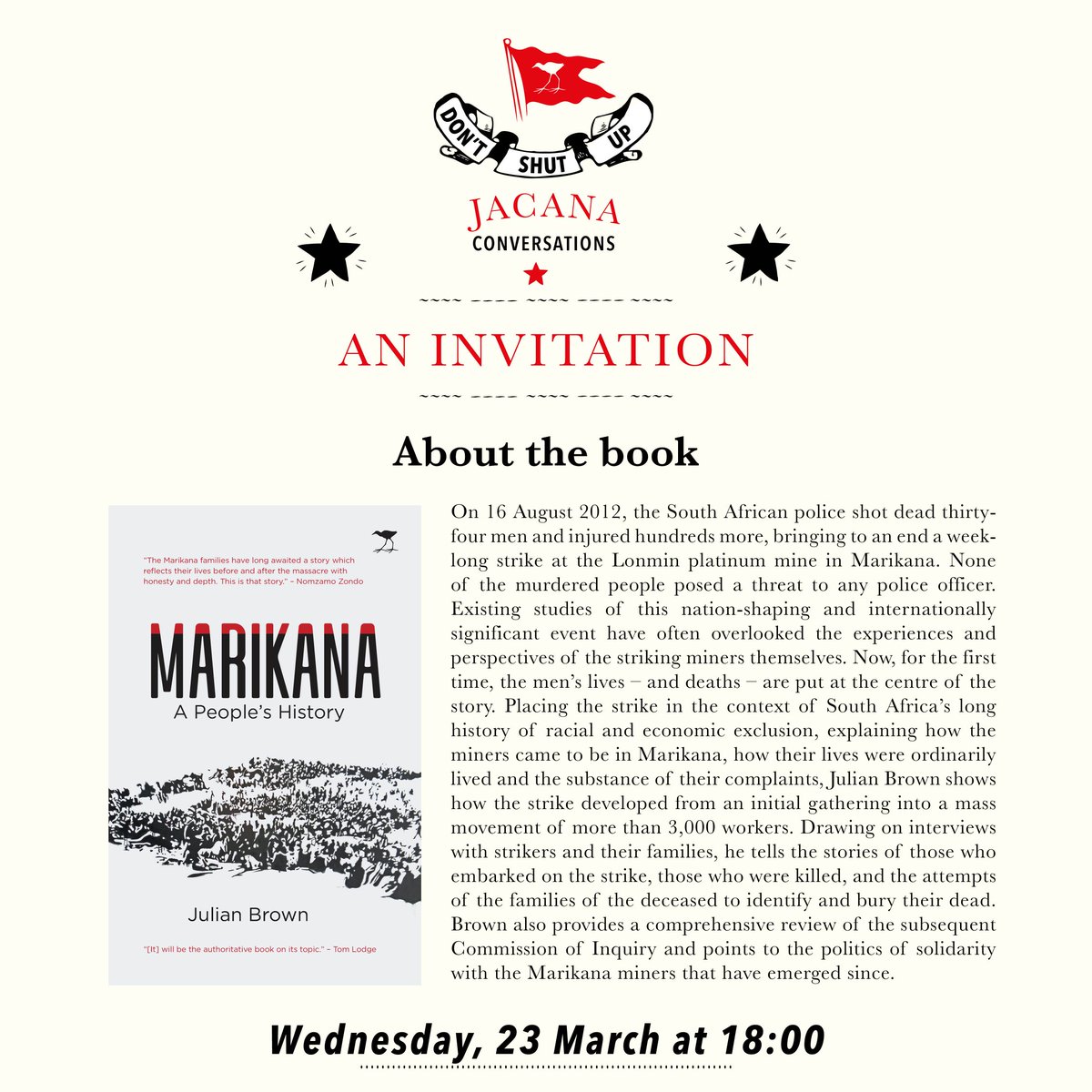 JacanaMedia's tweet photo. 🚨Marikana: A People's History Book Launch🚨

Register here: https://t.co/0QBmJgnPQP

Pre-order your copy of Marikana: A People’s History here: https://t.co/VPh5fO3ner https://t.co/gQ0UMkqVlE