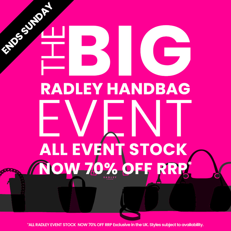 All Radley Brand Event Stock Now 70% Off RRP!

Discover luxurious leather &amp; vinyl handbags, purses, and playful accessories in The Big Radley Handbag Event. Grab them while you can!
Offer ends Sunday.
Exclusive to the UK. Styles subject to availability.