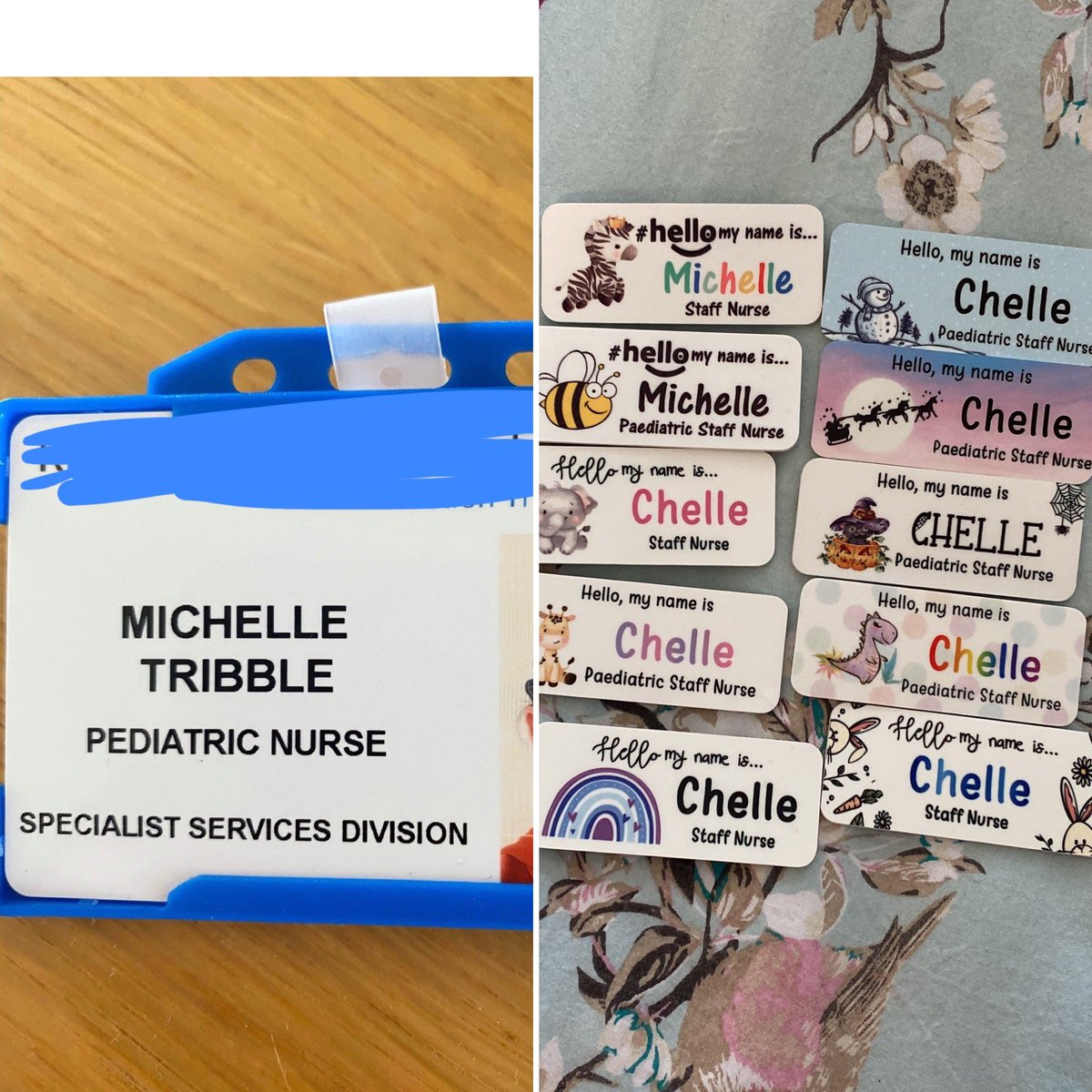 PUNCchelle's tweet photo. @DannGoodingRN @MrsLucyGooding @DiverseLearners Dann, when I got my trust ID badge - they made me an American paediatric nurse, and it’s their job to make badges. Thankfully, now I have the correct ID badge. I like the new spelling for Lucy … also I’m a little addicted to name badges … oops https://t.co/5FMtBhjXBN