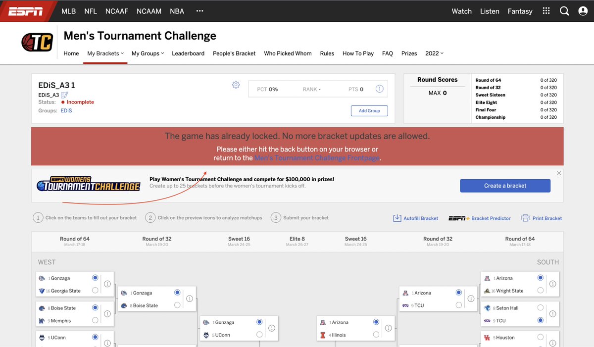EDiS_A3's tweet photo. @ESPNFANSUPPORT telling me my bracket is locked and i can't save... thought i have until 12:15pm tip to submit? https://t.co/n9KYmhtKNs