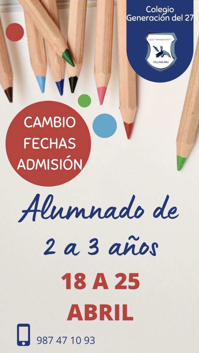 📣📣CAMBIO EN EL PLAZO DE ADMISIÓN ALUMNADO DE 2 AÑOS📣📣
Nos informan de que ha cambiado el plazo para entregar la admisión del alumnado de 2 a 3 años.
Pasa del 18 al 25 de abril.

➡️ Alumnos de 3 años de Infantil y Primaria se mantiene la misma fecha: 18 marzo al 6 de abril.