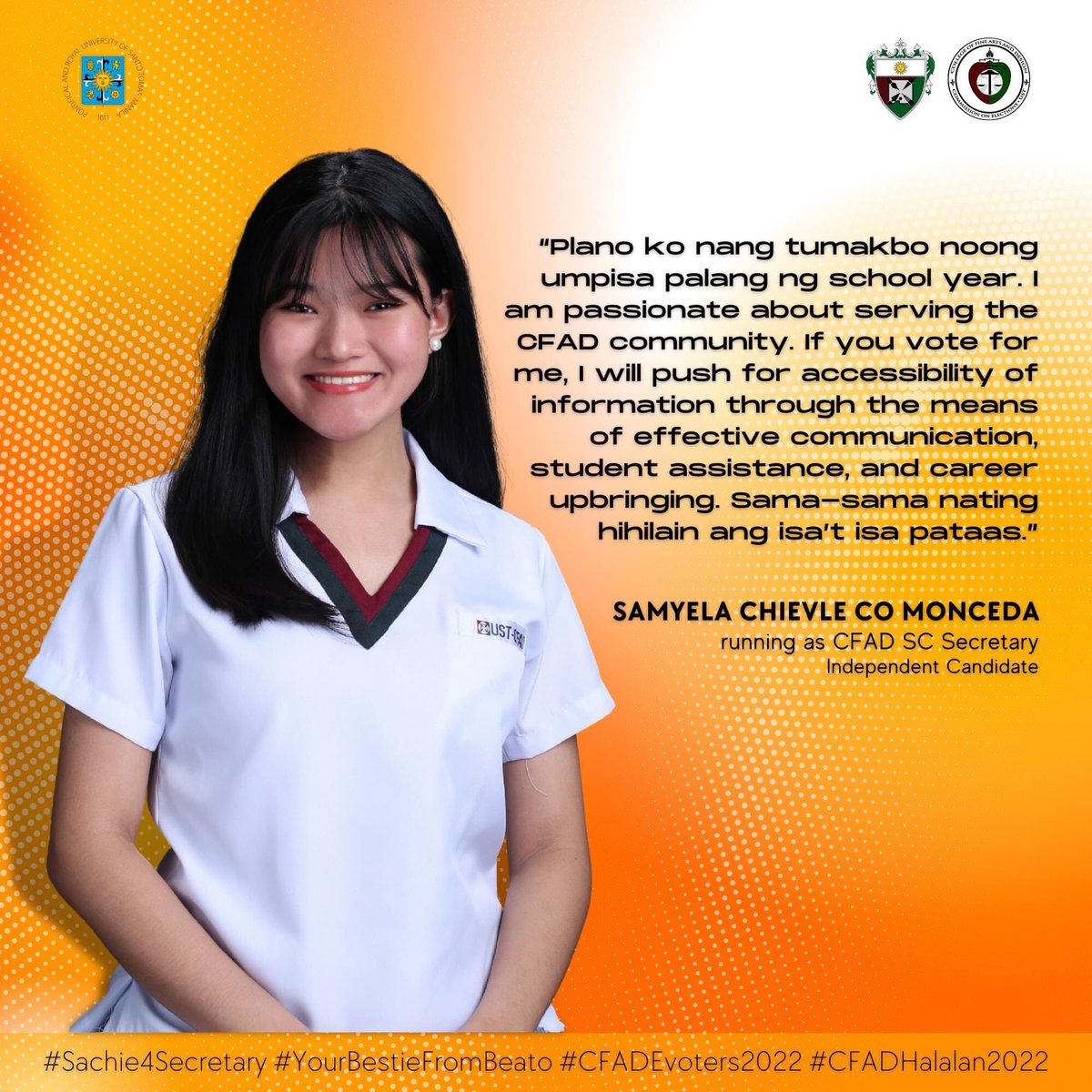 cfadcomelec's tweet photo. Samyela Chievle Co Monceda running independently as CFAD Student Council Secretary.⁣

#Sachie4Secretary⁣
#YourBestieFromBeato⁣
#CFADEvoters2022⁣
#CFADHalalan2022 https://t.co/1mCGjMtfgo