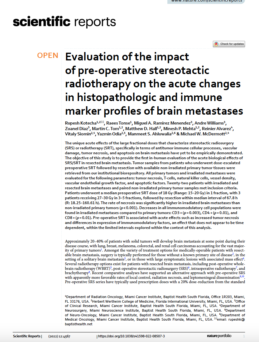 RaeesTonse's tweet photo. Delighted to share our manuscript titled “Evaluation of the Impact of Pre-operative Stereotactic Radiotherapy on the Acute Changes in Histo-pathologic and Immune Marker Profiles of Brain Metastases” published in Nature Scientific Reports.

https://t.co/gdF7540kSO https://t.co/Tiy7KvKzl3