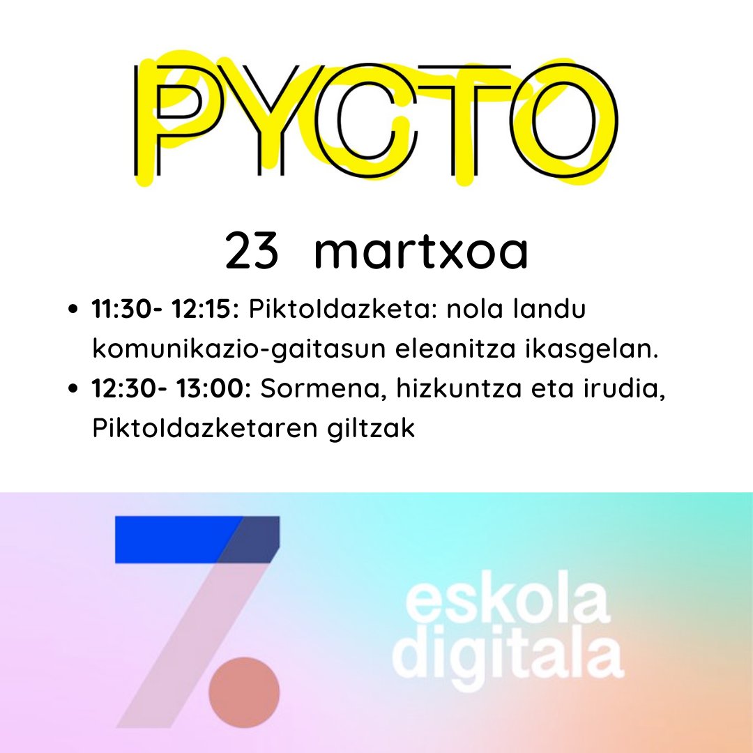 Muy contentos de participar el 23 de marzo en Eskola Digitala, nos encantará contar con vosotros.

11.30-12.15h: Conferencia:
eskoladigitala.eus/ekitaldiak/pic…
12.30-13.00h: Taller:
eskoladigitala.eus/ekitaldiak/pyc…

#eskoladigitala7