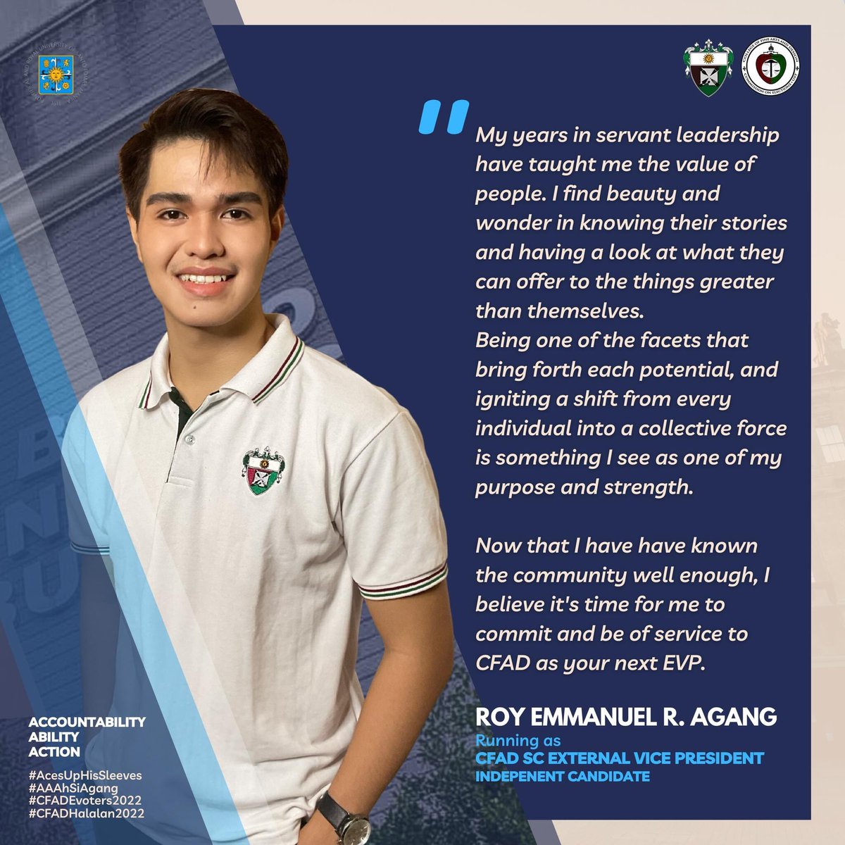 cfadcomelec's tweet photo. ROY EMMANUEL R. AGANG running as the CFAD Student Council External Vice President for Academic Year 2022-2023.

#AcesUpHisSleeves
#AAAhSiAgang
#CFADEvoters2022
#CFADHalalan2022 https://t.co/TmLWWI0aAV