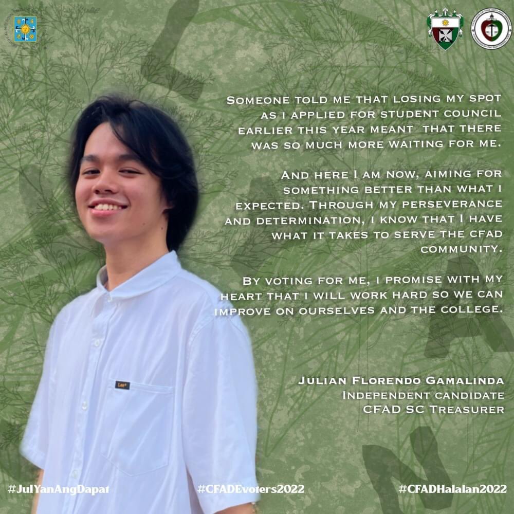 cfadcomelec's tweet photo. JULIAN FLORENDO GAMALINDA running independently as your next CFAD Student Council Treasurer

#JulYanAngDapat
#CFADEvoters2022
#CFADHalalan2022 https://t.co/u063AGMlyL
