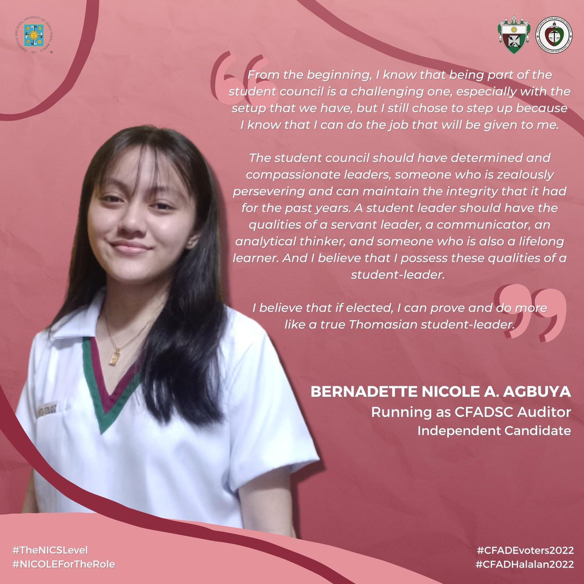 cfadcomelec's tweet photo. BERNADETTE NICOLE A. AGBUYA, independently running as the CFAD Student Council Auditor for Academic Year 2022 to 2023.

#TheNICSLevel
#NICOLEForTheRole
#CFADEvoters2022
#CFADHalalan2022 https://t.co/WZ6Hy4TYph