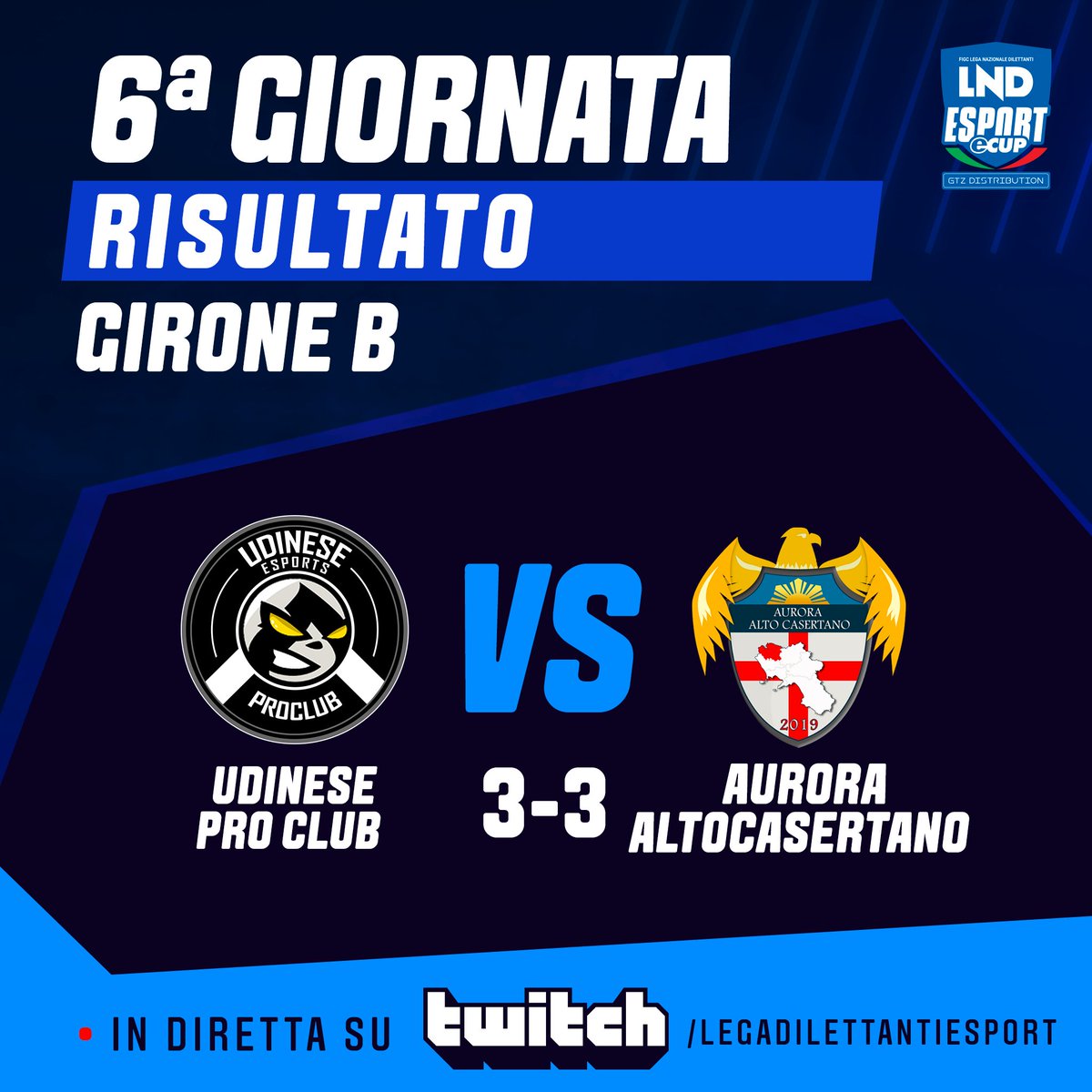 🏆 <a href="/LNDEsport1/">LND Esport</a> 
🆚 @AltoCasertanoES 
✖️ 3-3
⚽️ <a href="/xEagle10_/">Eagle</a> 
⚽️🎖️ <a href="/EGiuntella/">IT4_Cassano_-</a> 
⚽️ <a href="/sca_sca10/">sca_sca10</a> 
👟 <a href="/Ale_13Nesta/">Ale-13-Nesta</a> 
👟 <a href="/Cirux9393/">Cirux9393</a>