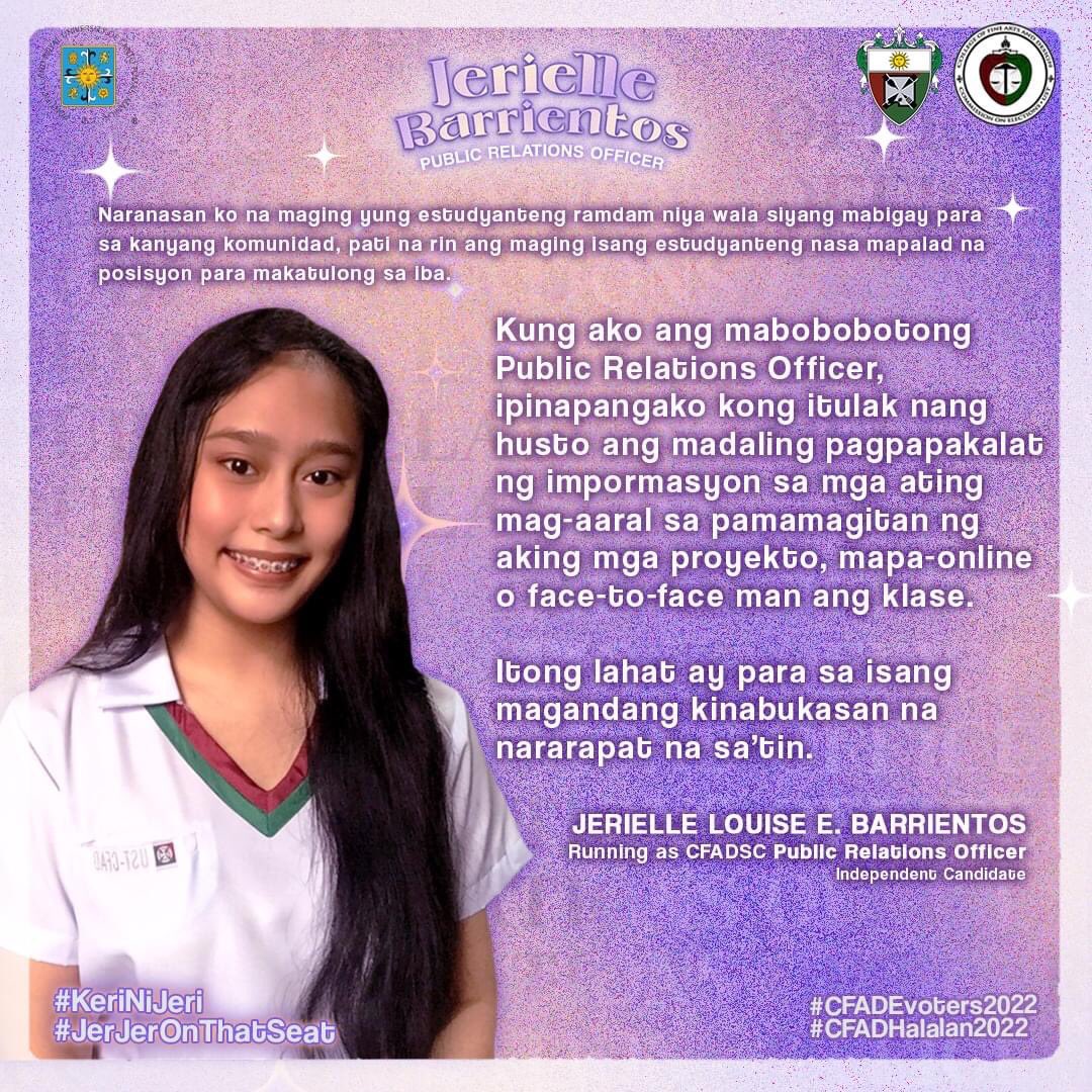 cfadcomelec's tweet photo. Jerielle Louise E. Barrientos, independently running as CFAD Student Council Public Relations Officer. 💜✨

#KeriNiJeri
#JerJerOnThatSeat
#CFADEvoters2022
#CFADHalalan2022

Layout by: Jerielle Louise Barrientos https://t.co/oAJnzBqlaG