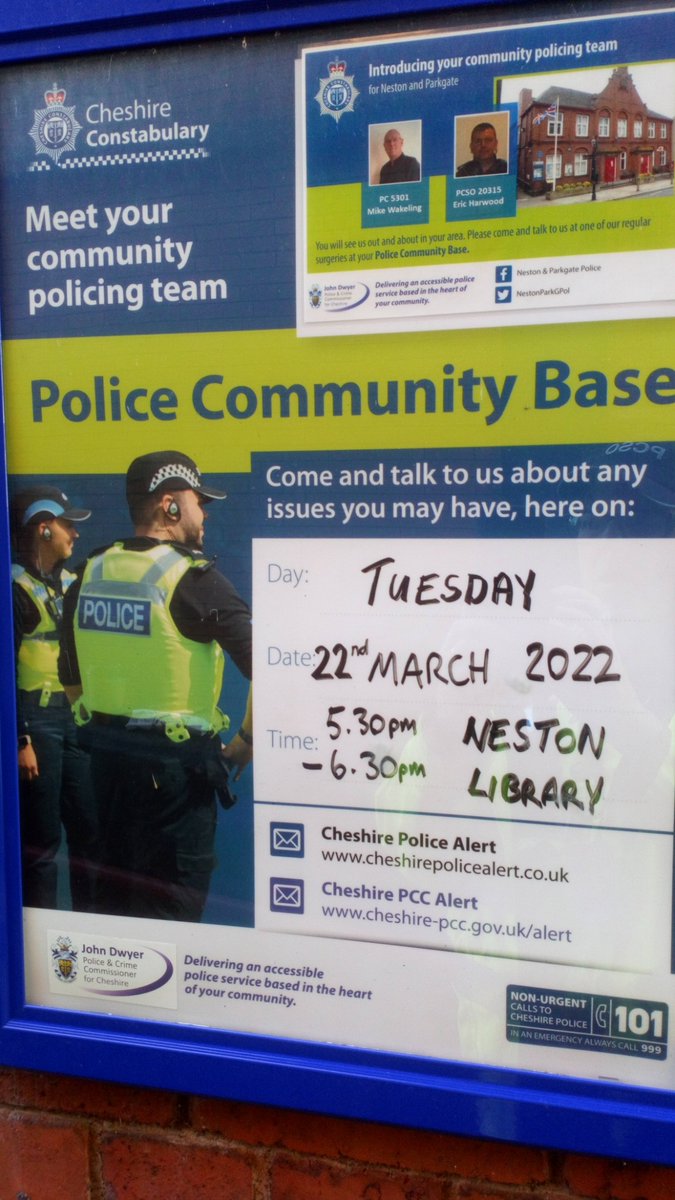 The next joint police / councillor surgery will be at Neston Library on Tuesday 22nd March from 5.30pm to 6.30pm. If you cannot attend in person and would like to discuss any issues please message us via Neston and Parkgate Police on Facebook and Twitter. 
#WeCare #StreetSafe