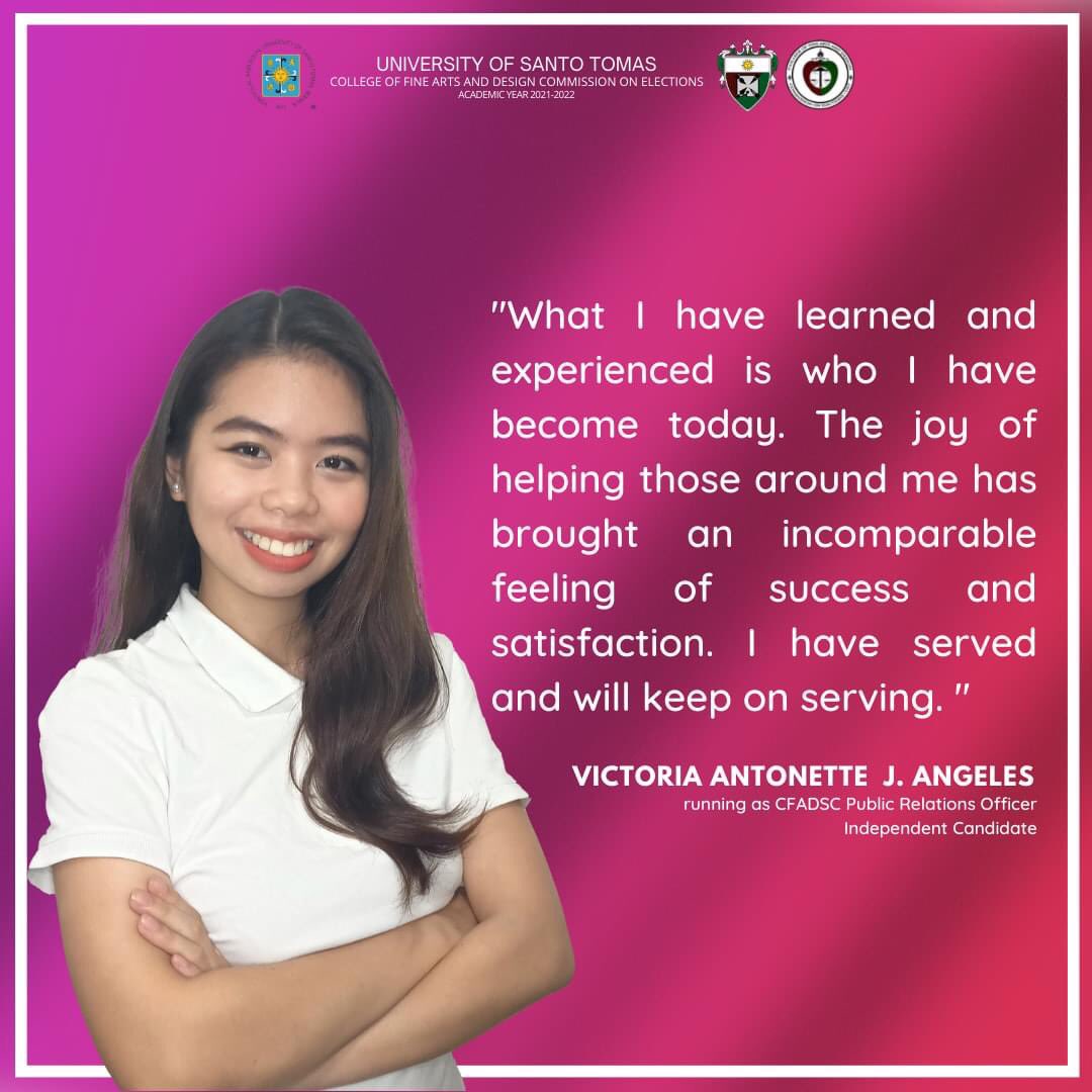 cfadcomelec's tweet photo. VICTORIA ANTONETTE J. ANGELES running independently as your next CFAD Student Council Public Relations Officer.

#Victoryarn✨
#AngelesforPRO
#CFADEvoters2022
#CFADHalalan2022 https://t.co/QxdoXO07F7