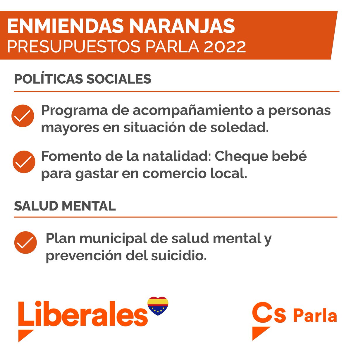 CsParla's tweet photo. 🟠👵 Programa de acompañamiento a personas mayores en situación de soledad.

🟠🍼 Fomento de la natalidad: Cheque bebé para gastar en comercio local.

🟠🧑‍⚕️ Plan municipal de salud mental y prevención del suicidio.

🧡 #Liberales #Parla #PolíticaÚtil https://t.co/Gad8Wj2d8V
