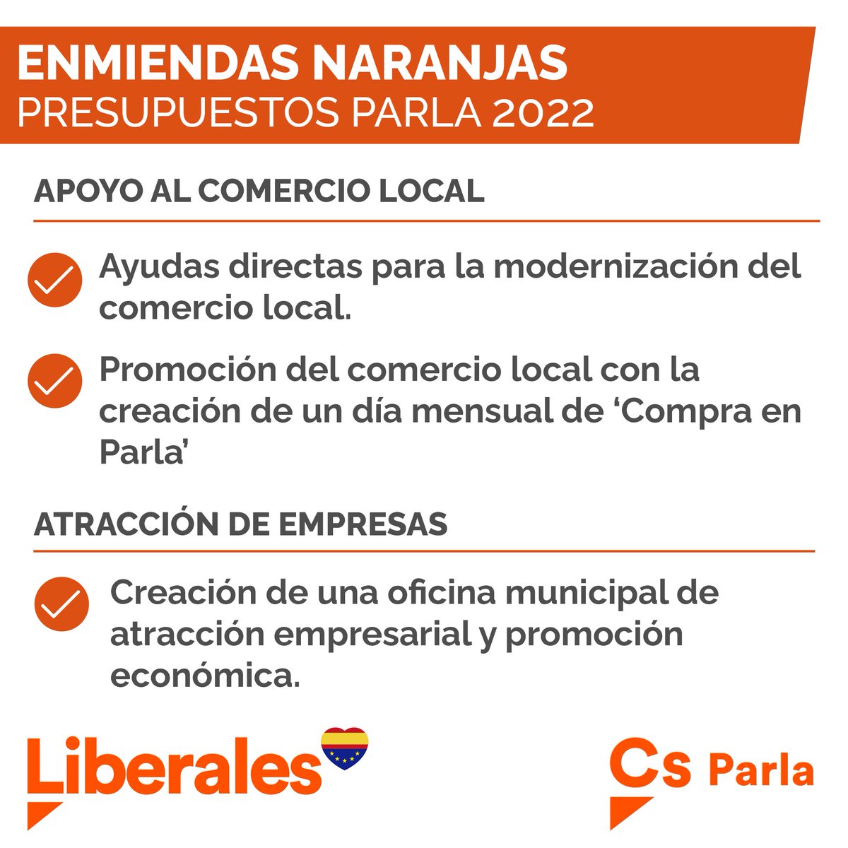 CsParla's tweet photo. 🟠🛍️ Ayudas directas para la modernización del comercio local.

🟠🏷️Promoción del comercio local: creación de un día mensual 'Compra en Parla'.

🟠🏢 Oficina municipal de atracción empresarial.

🧡 #Liberales #Parla #PolíticaÚtil https://t.co/t12zQMOayM
