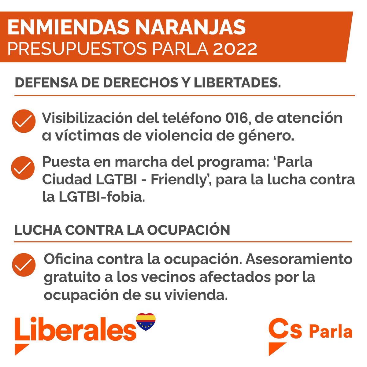CsParla's tweet photo. 🟠☎️ Visibilización del teléfono 016.

🟠🏳️‍🌈 Puesta en marcha del programa: 'Parla ciudad #LGTBI - friendly'

🟠🏡 Oficina contra la ocupación. Asesoramiento gratuito a los vecinos afectados por la ocupación de su vivienda.

🧡 #Liberales #Parla #PolíticaÚtil https://t.co/YsPYpJIr3W