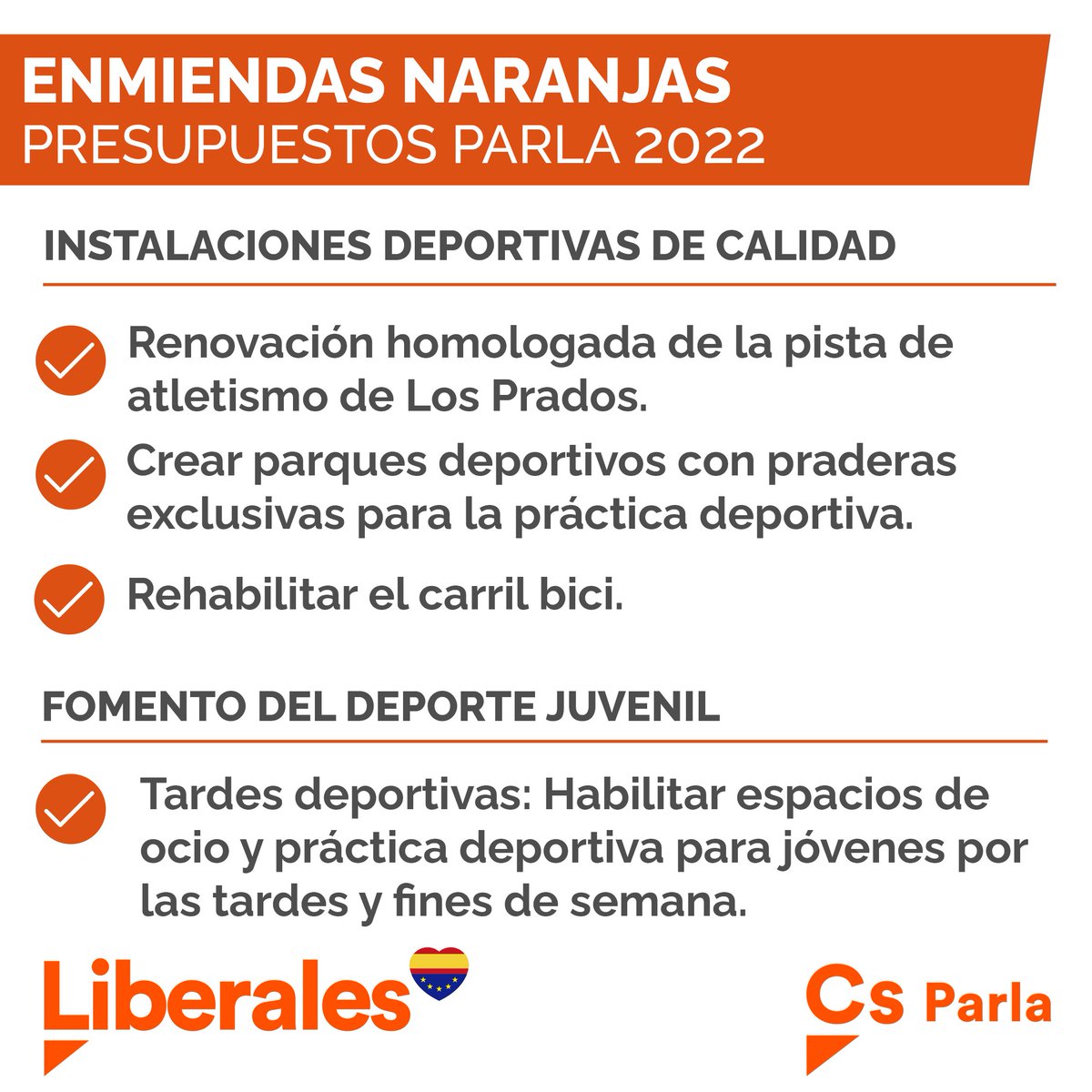CsParla's tweet photo. 🟠🏃‍♀️ Renovación de la pista de atletismo Los Prados.

🟠🤸‍♂️ Crear parques deportivos.

🟠🚲 Rehabilitar el carril bici.

🟠🏈 Fomento del deporte juvenil: programa 'tardes deportivas'.

🧡 #Liberales #Parla #PolíticaÚtil https://t.co/wLFkotaEIT