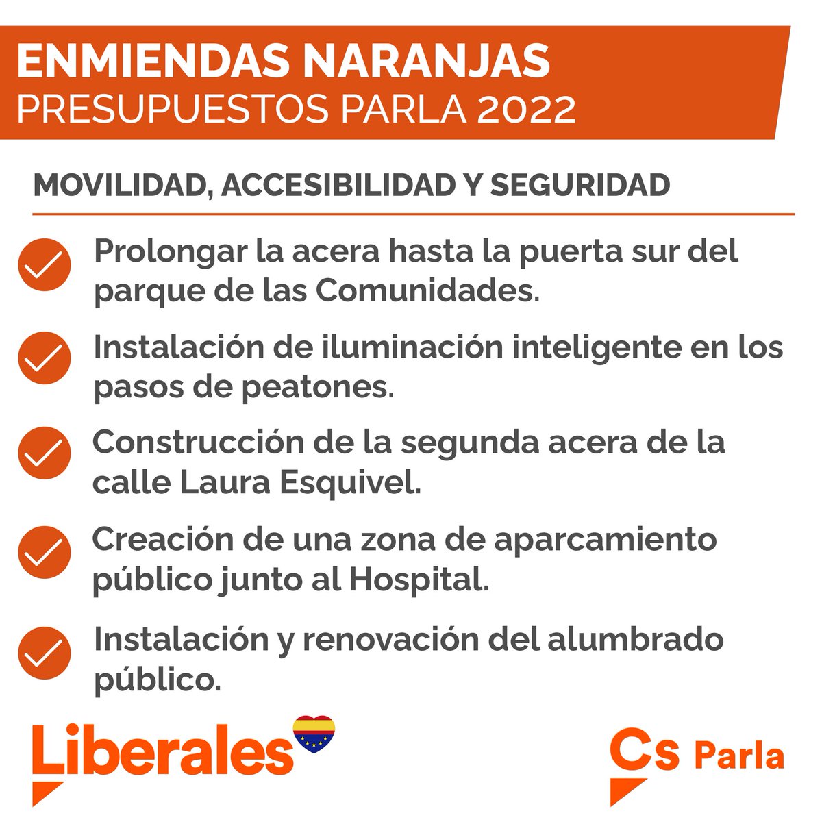 CsParla's tweet photo. 🟠🚶‍♀️ Acera hasta la puerta sur del parque de las Comunidades.

🟠🚸 Iluminación inteligente en los pasos de peatones.

🟠🧑‍🦯 Acera de la calle Laura Esquivel.

🟠🏥 Aparcamiento público junto al hospital.

🟠💡 Renovación del alumbrado público.

🧡 #Liberales #Parla #PolíticaÚtil https://t.co/7ouZ9zKkGm