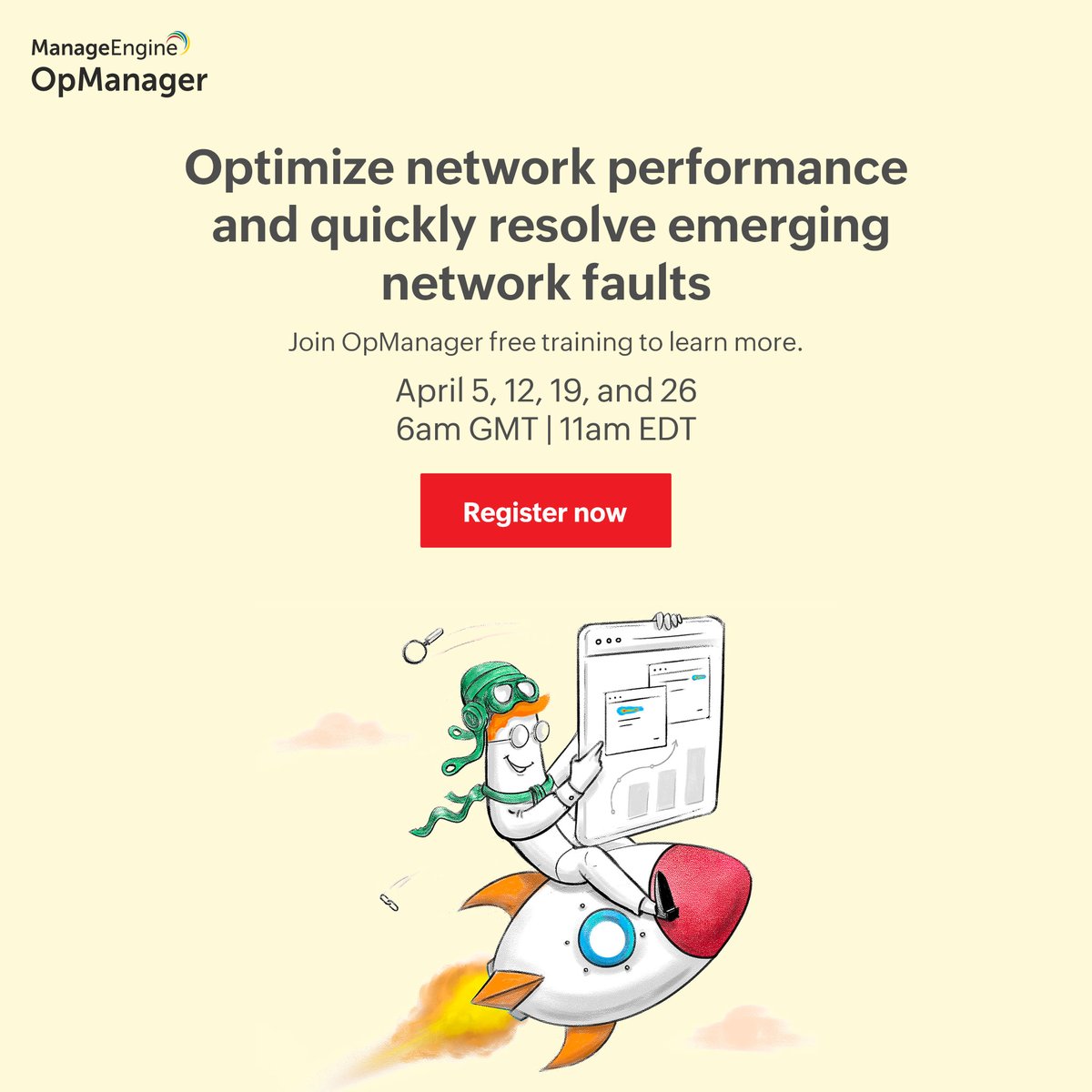 manageengine's tweet image. ๐ข Join our free webinar series on April 5, 12, 19, and 26 to learn from our experts how to optimize network performance and quickly resolve network faults with OpManager. Register now!
zcu.io/LNwR
#NetworkMonitoring #NetworkMonitoringTools