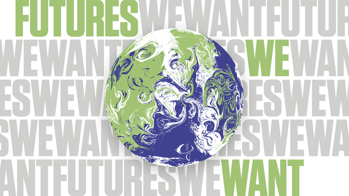 Futures We Want logo with blue and green globe