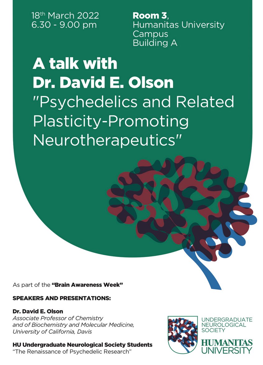 This Friday join us online for D. Olson seminar about psychedelics and psychoplastogens! A big plus is that it is organized by our fantastic <a href="/HUNIMED/">Humanitas University</a> undergrads <a href="/HUNeuroSociety/">HU Undergraduate Neurological Society</a> for the #brainawarenessweek2022. <a href="/worldwideneuro/">World Wide Neuro 🧠🗺️</a> world-wide.org/seminar/8340