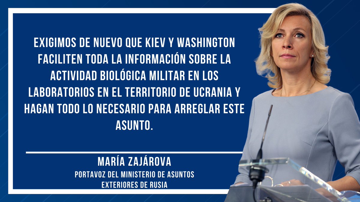 💬#Zajárova: Hemos tomado nota de varios comentarios de políticos occidentales en relación con la actividad biológica militar en Ucrania desarrollada con apoyo de EEUU.

☝️ Unas reacciones nerviosas tan solo confirman lo justificado de las reclamaciones de Rusia.