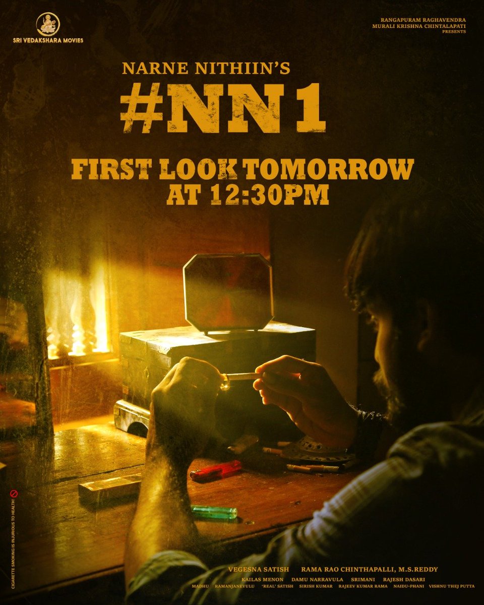 Here is the enthralling pre-look of @NarneNithiin’s #NN1 ⚡ A #SatishVegesna directorial 🎬 Unveiling the first look tomorrow at 12:30PM!! #NN1FirstLookTomorrow #NN1 #KailasMenon #MSReddy @SriVedaakshara @damubuzzi #Srimani @ItsDasariRajesh @beyondmediapres @thisisputta