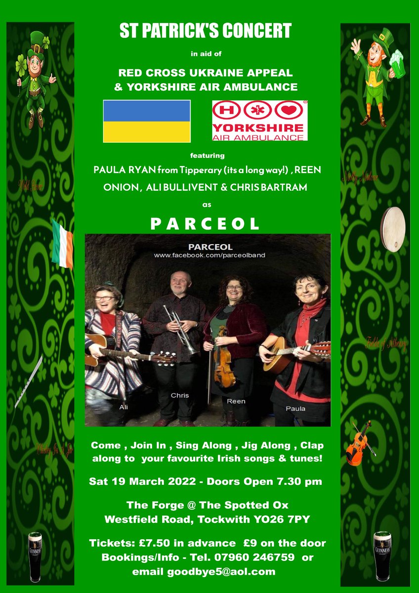 #happysaintpaticksday Comin up Sat 19/03 #fundraising #concert in aid of <a href="/BritishRedCross/">British Red Cross 🧡</a> #UkraineAppeal &amp; <a href="/YorkshireAirAmb/">Yorkshire Air Ambulance</a> with <a href="/parceol/">Parceol</a> ft myself @ReenOnion <a href="/chrisbartram3/">Chris Bartram</a> <a href="/AliBullivent/">Ali Bullivent</a> #irish #songs #tunes #craic #charity #gig #donations #help #Ukraine #appeal #helping #giving