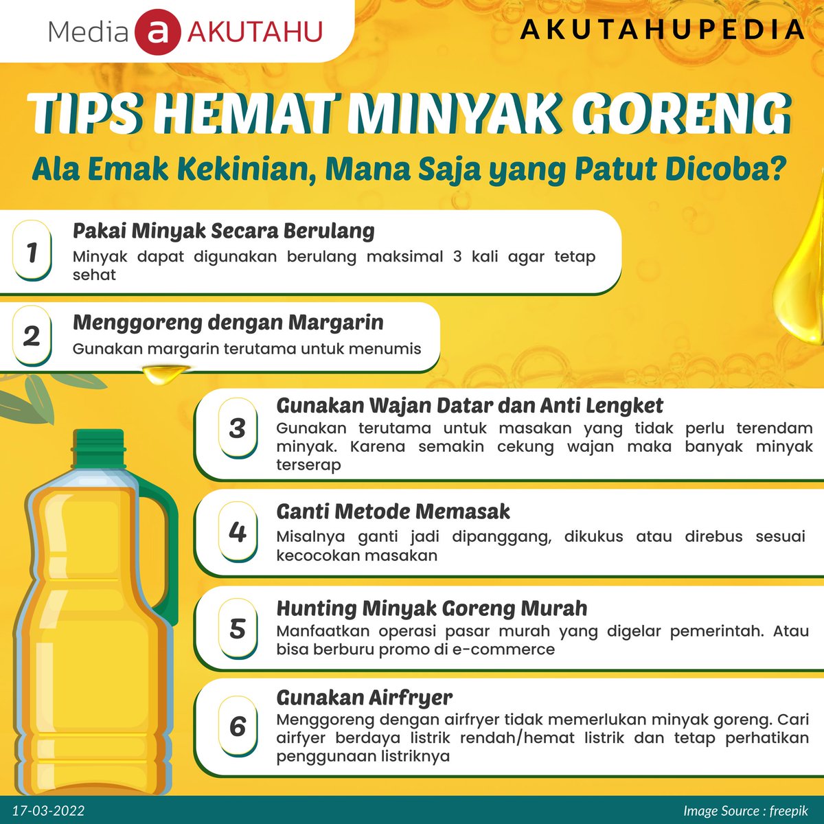akutahu's tweet photo. Dari cara 1 sampai 6, Sobat sudah terapin yang mana nih?

Dengan kondisi minyak goreng yang dicabut subsidinya saat ini, keenam cara di atas bisa dicoba ya Sobat. Siapa tahu malah keterusan hehe 🙈

#minyakgoreng #minyak #langka #tips #goreng https://t.co/g1TgnFGjLT