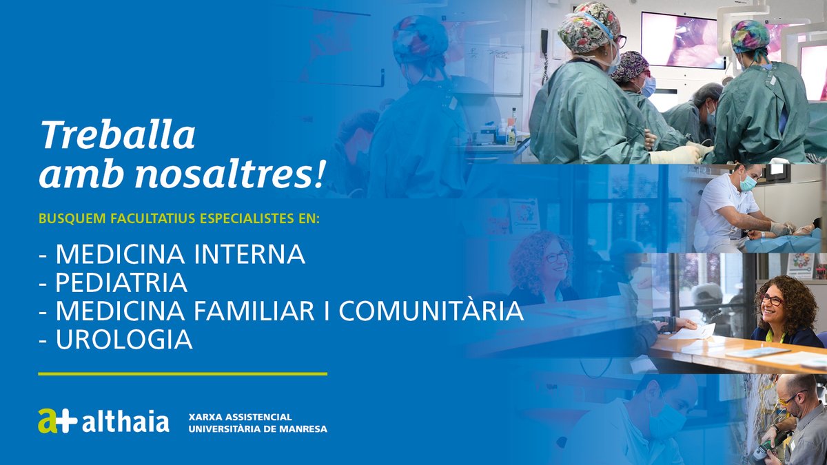 #Treballaambnosaltres

Si ets especialista en: 
#MedicinaInterna
#Pediatria
#MedicinaFamiliariComunitària
#Urologia
ara et pots unir al nostre equip!

Consulta la nostra #borsadetreball
👇
bit.ly/treballaalthaia

#althaiamanresa #feina #ocupació
<a href="/urgalthaia/">Urgències Althaia</a> <a href="/minternaalthaia/">Medicina Interna Althaia</a>