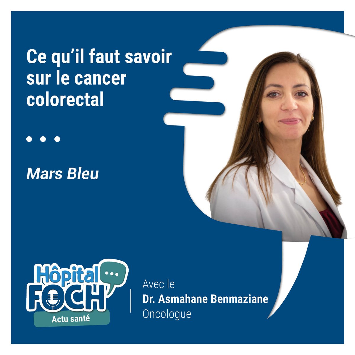 HopitalFoch's tweet photo. LE #CANCER #COLORECTAL

- En quoi le dépistage consiste-t-il ?
- Quels sont les signes qui doivent amener à consulter un gastro-entérologue ?

Le Dr Benmaziane, oncologue spécialisée dans les cancers digestifs vous dit tout.
#MarsBleu #MarsBleu2022

https://t.co/299xIlDC80 https://t.co/LRstsCCtKF