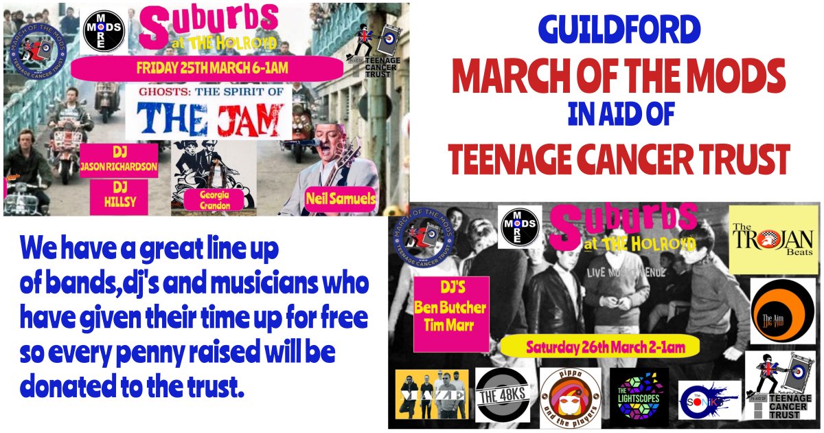 The Holroyd Arms / Suburbs Venue (@theholroydarms) on Twitter photo Only one week to go <a href="/MarchOfTheMods/">March Of The Mods</a> <a href="/TeenageCancer/">Teenage Cancer Trust</a> @trojan_beats <a href="/mazeukmusic/">MAZE</a> <a href="/The48ks/">The 48K's</a> <a href="/TheLightscopes/">The Lightscopes</a> <a href="/THE_A1M/">The Aim</a> <a href="/WeLoveGuildford/">We Love Guildford</a> <a href="/guildforddragon/">The Guildford Dragon NEWS</a> <a href="/ExperienceGford/">Experience Guildford</a> #mods <a href="/gr8musicvenues/">gr8MusicVenues</a> #livemusic <a href="/pubrooms/">Peter Jones</a> #charity #FridayFeeling #SaturdayVibes Only one week to go <a href="/MarchOfTheMods/">March Of The Mods</a> <a href="/TeenageCancer/">Teenage Cancer Trust</a> @trojan_beats <a href="/mazeukmusic/">MAZE</a> <a href="/The48ks/">The 48K's</a> <a href="/TheLightscopes/">The Lightscopes</a> <a href="/THE_A1M/">The Aim</a> <a href="/WeLoveGuildford/">We Love Guildford</a> <a href="/guildforddragon/">The Guildford Dragon NEWS</a> <a href="/ExperienceGford/">Experience Guildford</a> #mods <a href="/gr8musicvenues/">gr8MusicVenues</a> #livemusic <a href="/pubrooms/">Peter Jones</a> #charity #FridayFeeling #SaturdayVibes