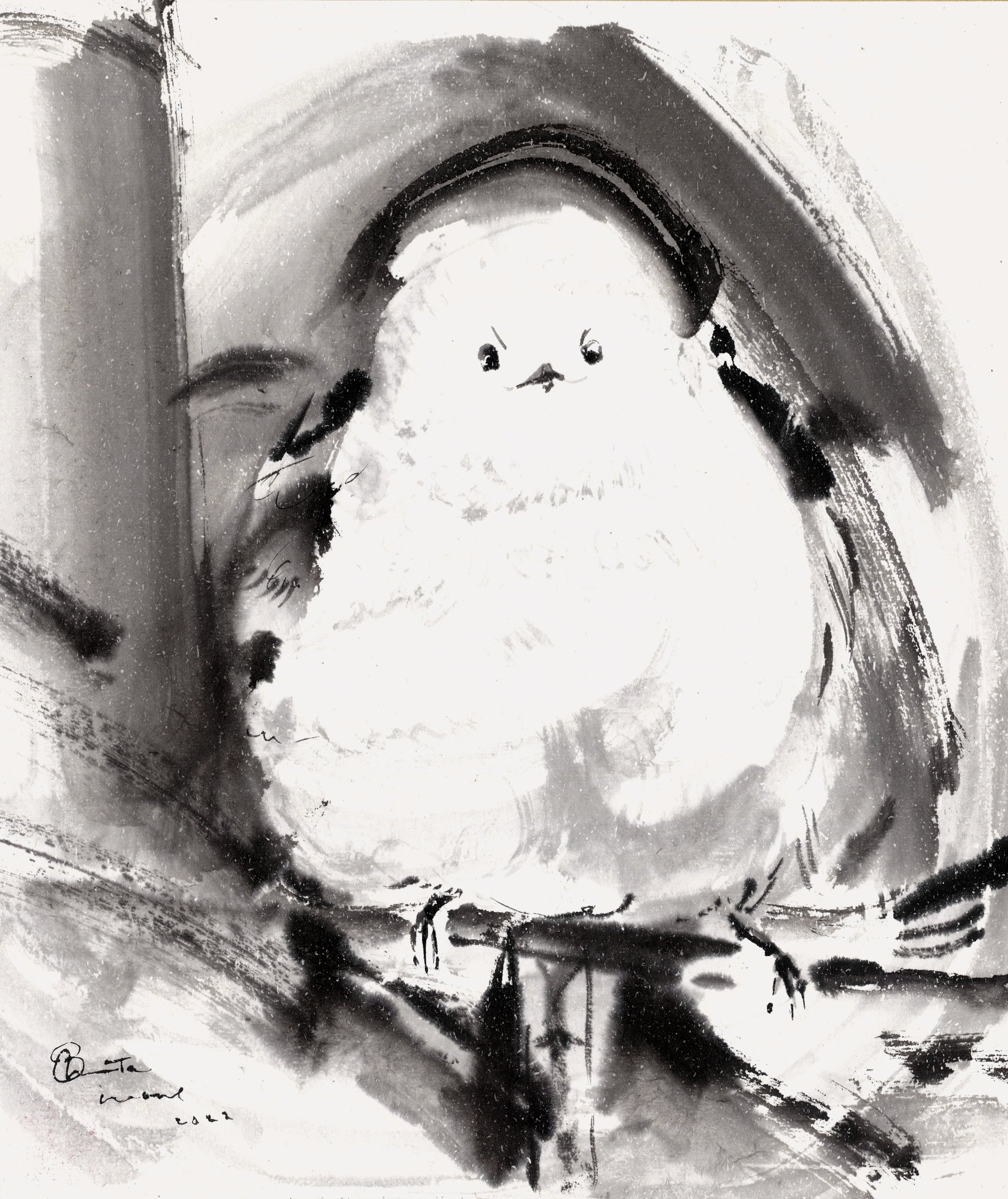 専用 手描きイラスト 肉筆原画 水墨画 月と男の子 絵画 日本画 （青い 