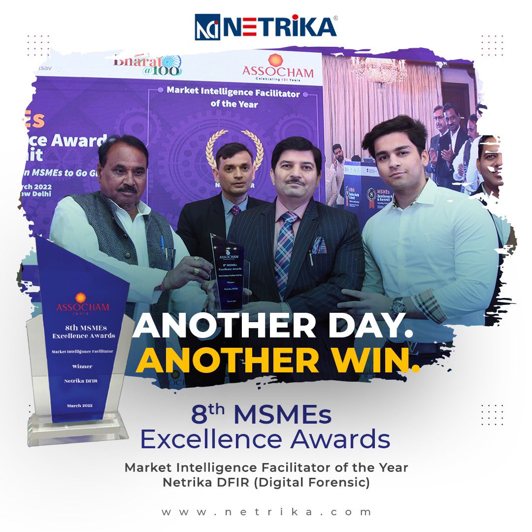 Skaushik09's tweet photo. Thank u @assocham!
It's absolute honor to announce that Netrika has received 'Market Intelligence Facilitator of the Year 8MSMEs Excellence Awards
#netrikaconsultingindia #ASSOCHAM #MSMEaward #marketintellegence #digitalforensics #digitalforensicinvestigation #investigation https://t.co/GxakzFDb5r