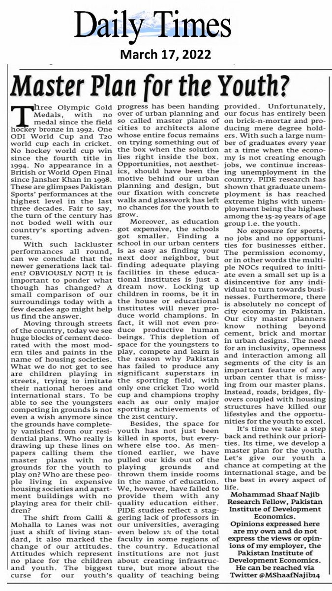 PIDEpk's tweet photo. It’s time we take a step back &amp; rethink our priorities. Its time, we develop a master plan for #youth. Let’s give our youth a chance at competing at international stage,&amp; be the best in every aspect of life. @MShaafNajib14 article in @dailytimespak 

@nadeemhaque @durre_nayab_ https://t.co/pvCXhzCTuE