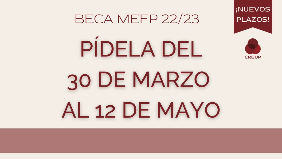 🔴 La Beca del Ministerio para el curso 22/23 se pide entre el 30 de marzo y el 12 de mayo, no en septiembre como el curso pasado

RT PARA QUE NADIE SE QUEDE SIN BECA