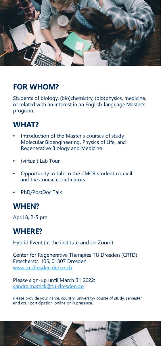 CRTDpress's tweet photo. Interested in #MSc in #LifeSciences? 
Join us for the Info Day on April 8!

Register now to learn more about #MolecularBioengineering, #PhysicsofLife, and #RegenerativeBiologyandMedicine Master's programs at the #CMCB.

More info ➡️ https://t.co/ZNf8fYJYSG
And ⤵️ https://t.co/tAfCuGY289
