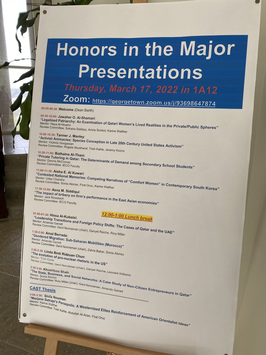 Enjoying the excellent Honors Thesis presentations ⁦<a href="/GUQatar/">Georgetown University in Qatar</a>⁩ on a variety of topics, ranging from the lived experiences of women in the country to Qatar‘s foreign policy with ⁦<a href="/hissatweets/">hissatweets</a>⁩