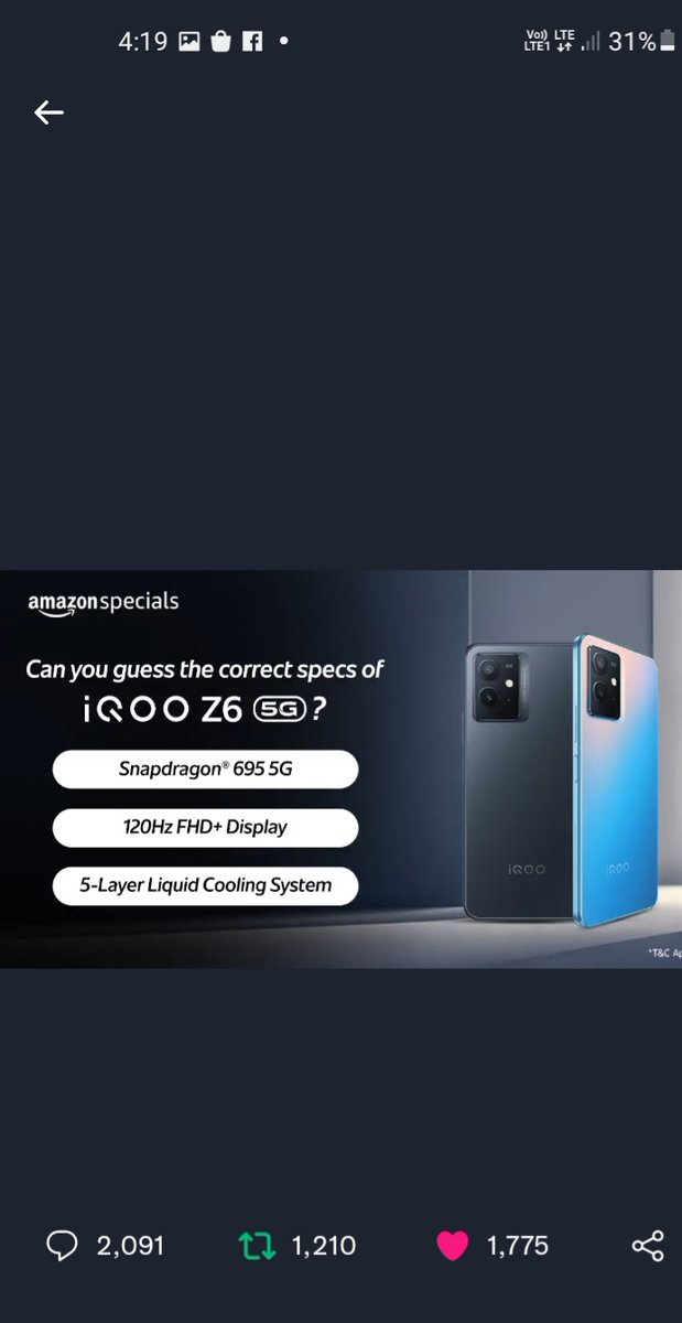 Priyamit12's tweet photo. @amazonIN The correct specs of iQOO Z6 5G are ☆
 👉Snapdragon 695 5G
👉 120Hz FHD + Display 
👉 5 Layer Liquid Cooling System 

#iQOOZ65GOnAmazon @amazonIN
Join
@Amit271a @ImChandana01 @SumitaSarkar18 @MaisuriaChetan @itsPriynkaM @MunmunD77420711 https://t.co/QV9SQeko4W